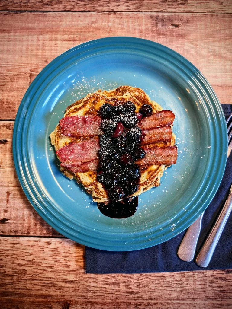 Bacon Buttermilk Pancakes with Sriracha Caramel