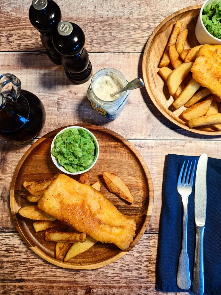 Beer Battered Fish and Chips with Mushy Peas