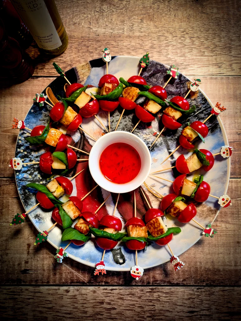 Golden Halloumi and Tomato Christmas Skewers