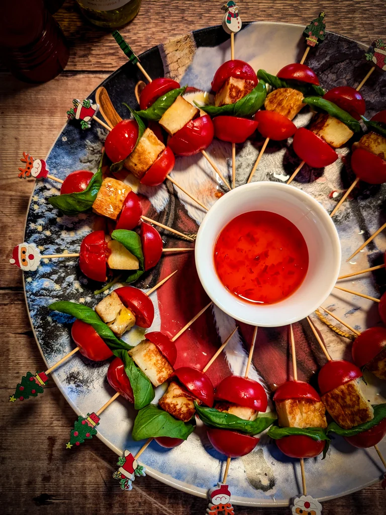 Golden Halloumi and Tomato Christmas Skewers