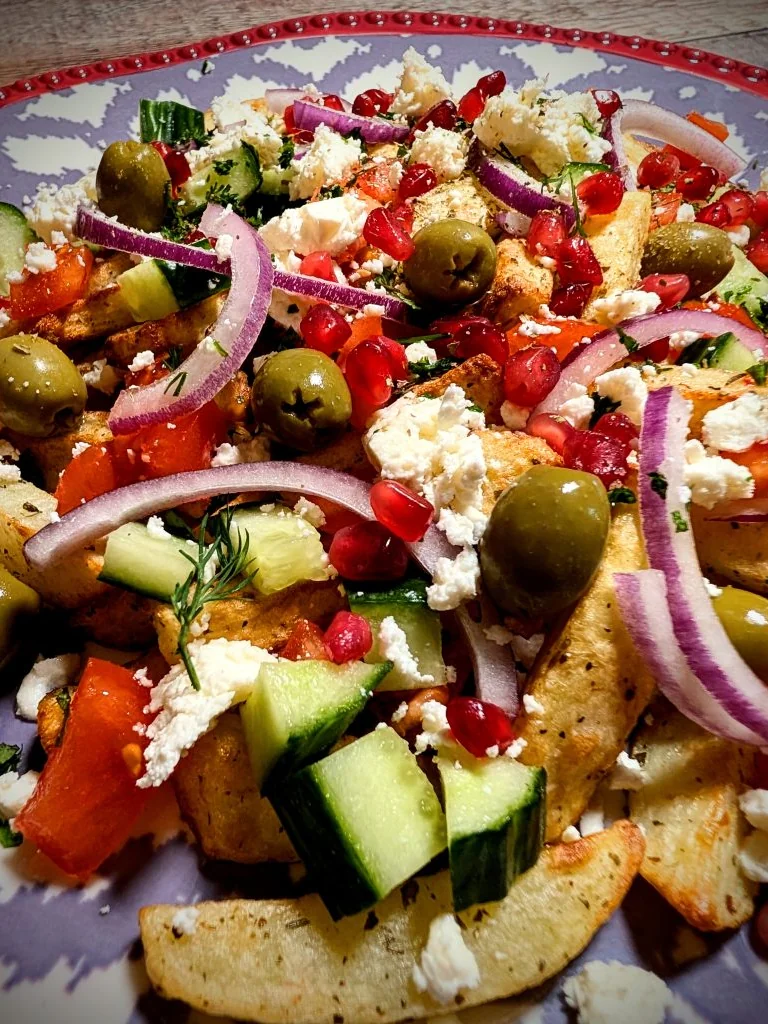 Greek Loaded Fries with Feta and Pomegranate