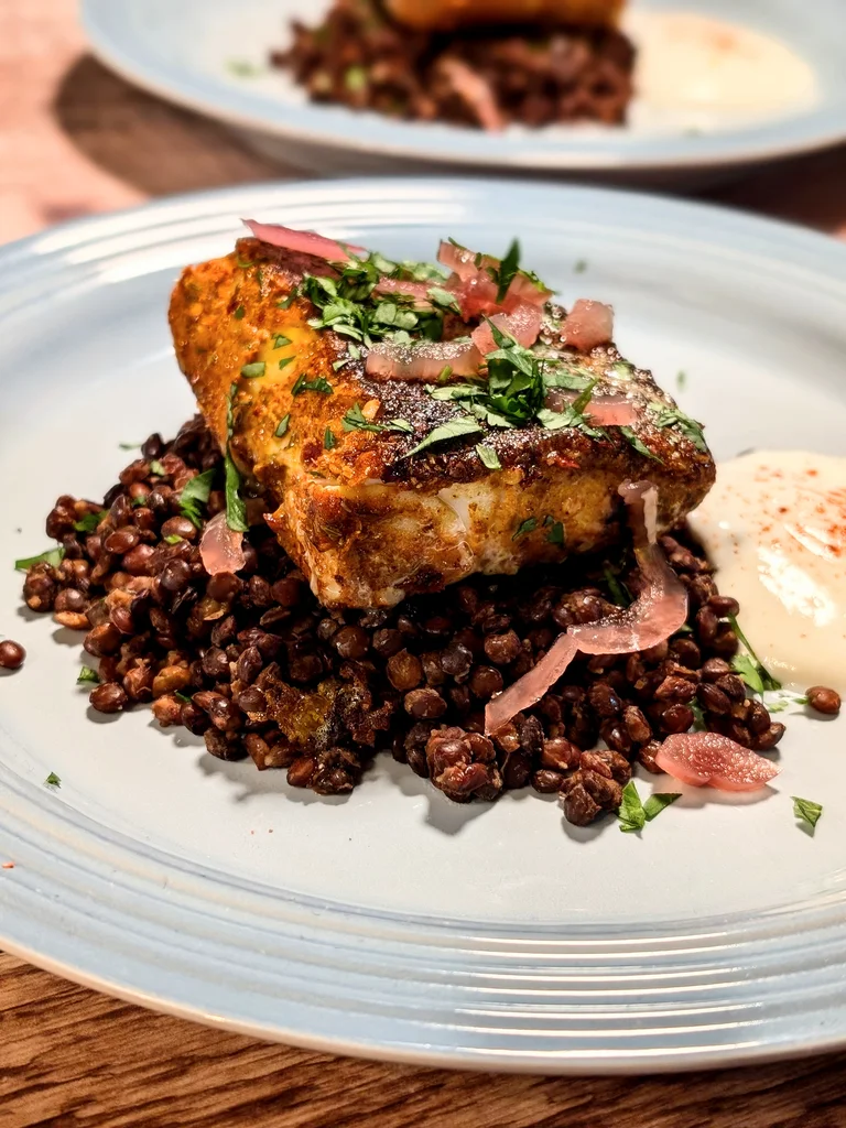 Moroccan-Style Crispy Hake with Spiced Puy Lentils