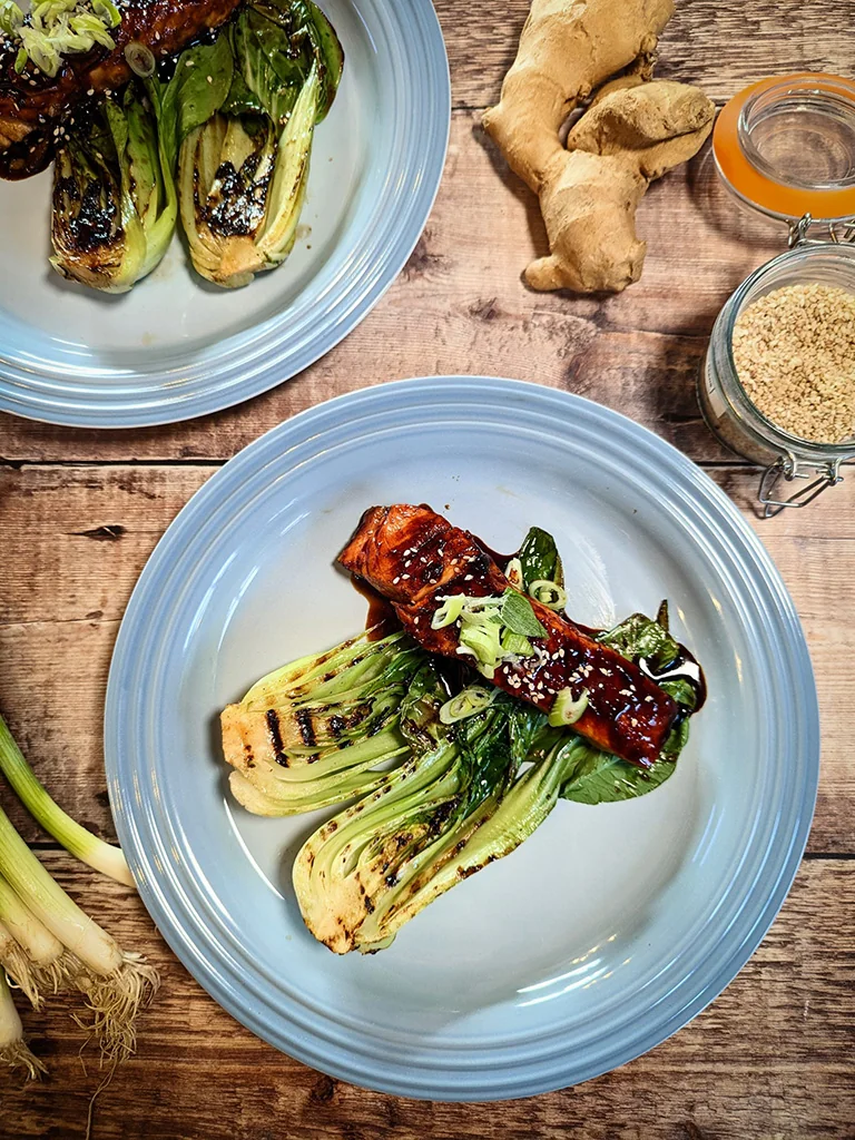 Shaoxing Glazed Salmon with Charred Pak Choi