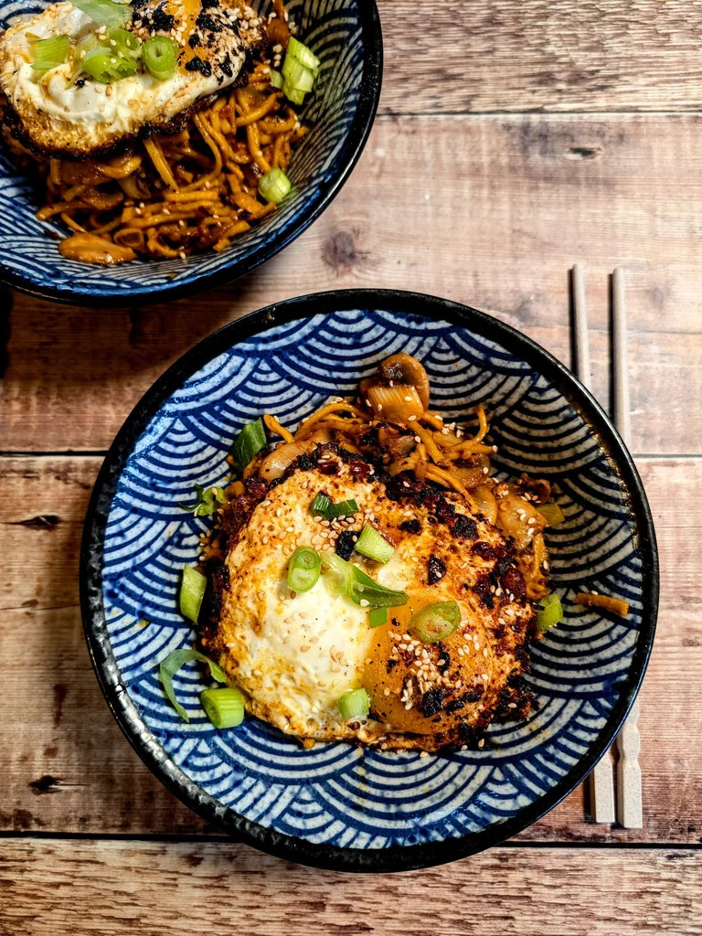 Sizzling Crispy Egg & Mushroom Noodles