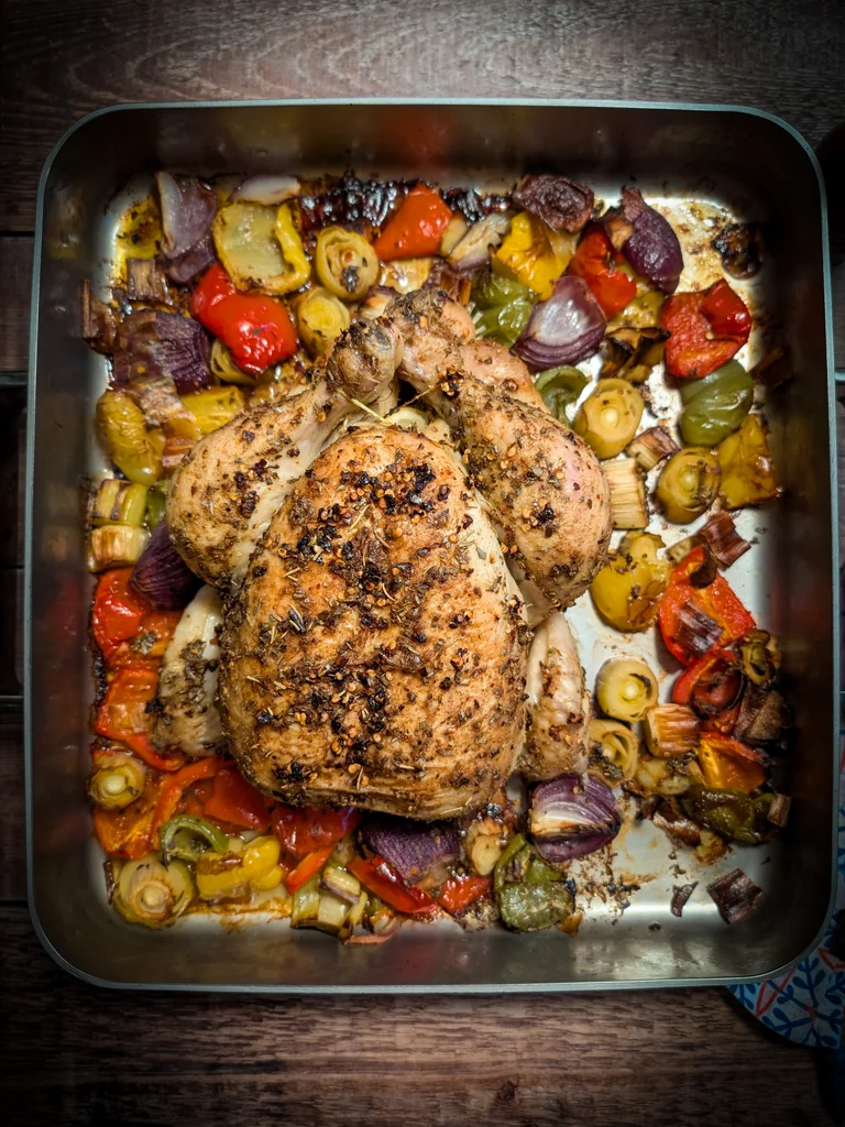 Spicy Lemon & Herb Roast Chicken with Peppers & Leeks