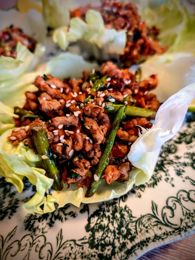 Sticky Chilli Turkey and Asparagus Lettuce Cups